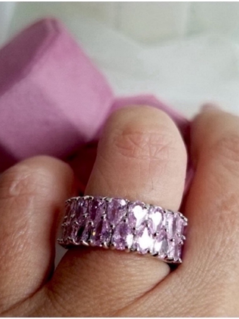 Swarovski Elements 925 Sterling Silver Pink Teardrop Eternity Band Ring NEW